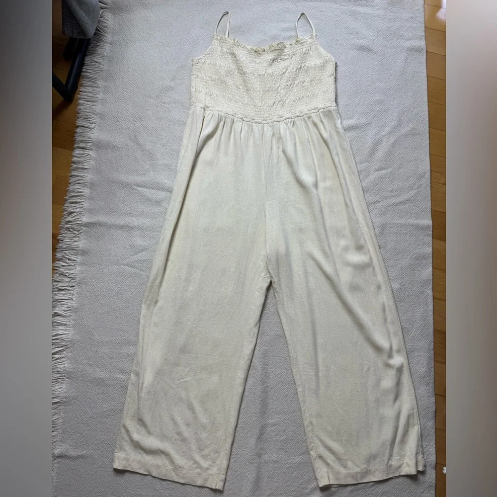 H&M Pastel Yellow Linen Blend Smocked Wide Leg Jumpsuit XXL